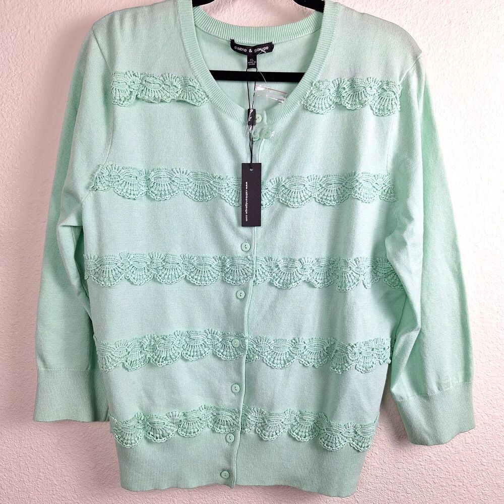 NWT Cable & Gauge Cardigan Sweater XL Mint Green Crochet Lace Trim Cottage